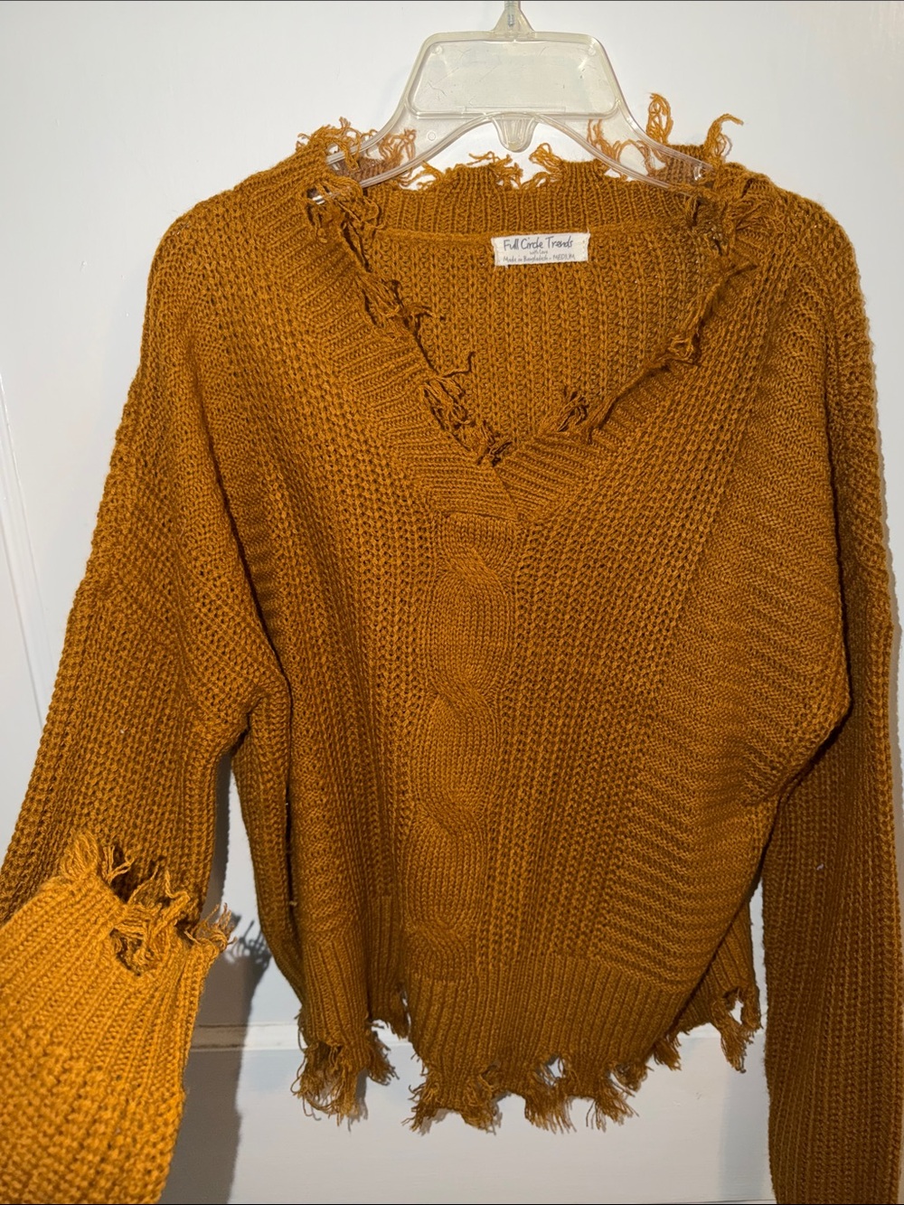 Frayed V-Neck Cable Knit Sweater - Mustard
